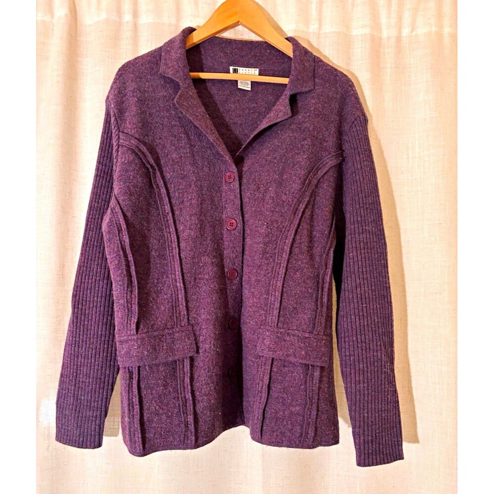 Carole Little Purple Boho Cozy Wool Cardigan Sweater Collared Pockets, Size L
